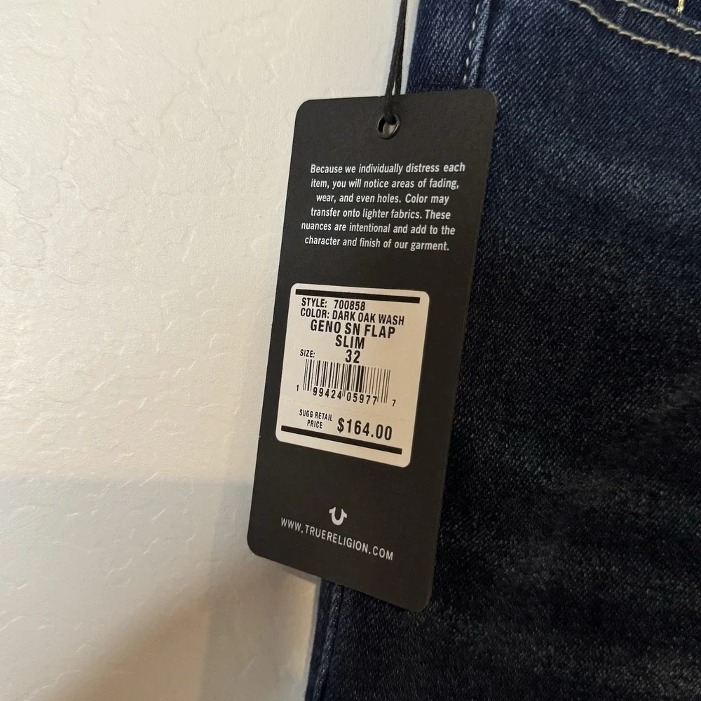 True Religion Dark Oak Wash Geno SN Flap Slim Mens Size W32 L32 Relaxed Denim
